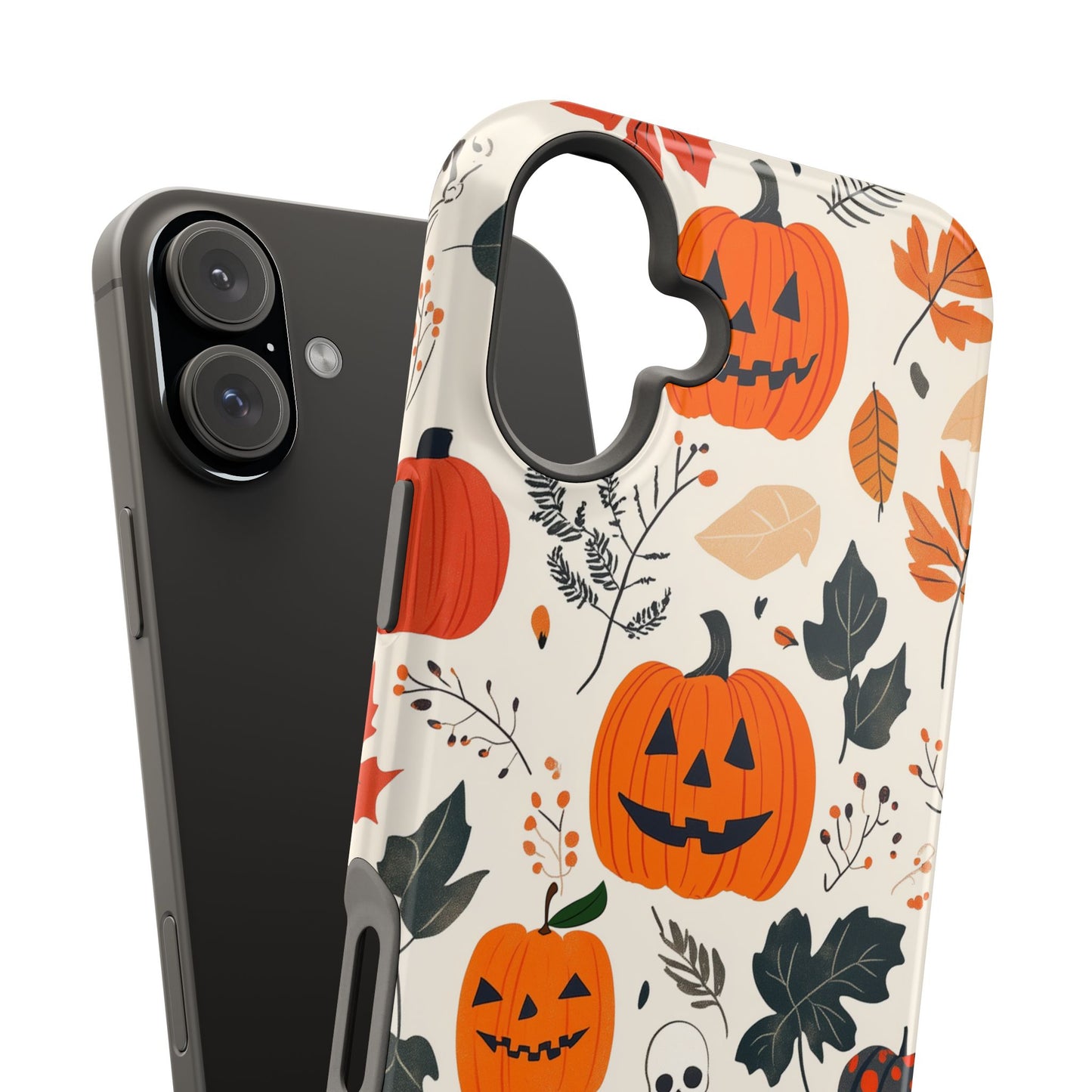 Spooky Pumpkin & Skeleton MagSafe iPhone Case – Halloween Jack-O'-Lantern Design