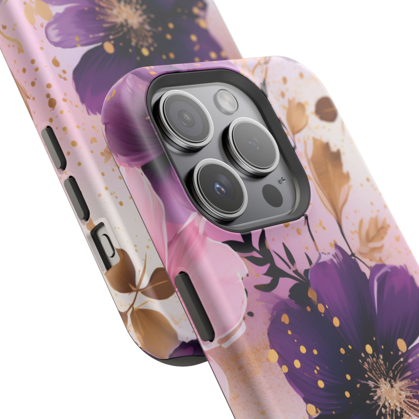 Elegant Purple & Gold Floral MagSafe iPhone Case - Luxe Flower Design