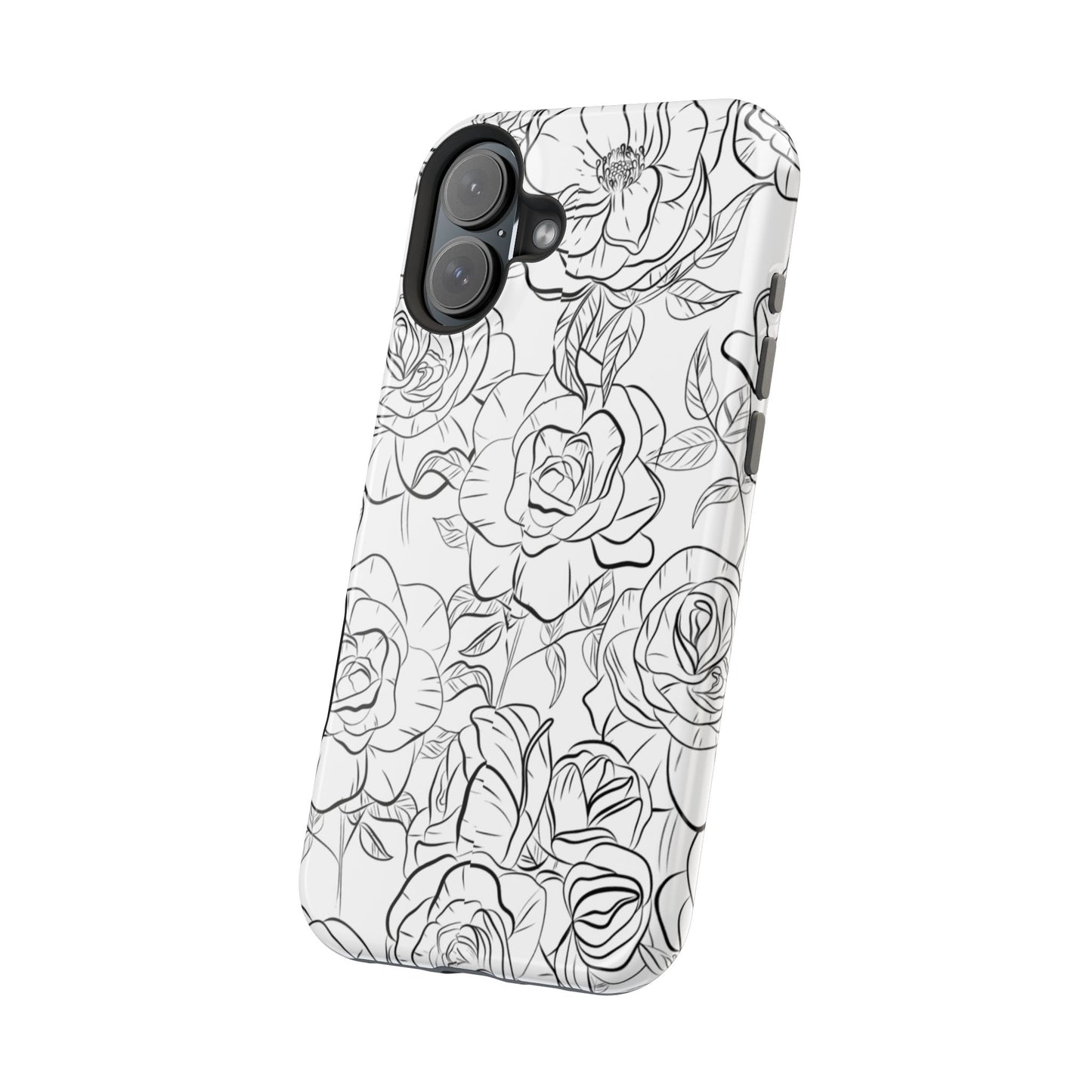 Monochrome Rose Garden Tough MagSafe iPhone Case – Elegant Floral Line Art with Dual-Layer Protection