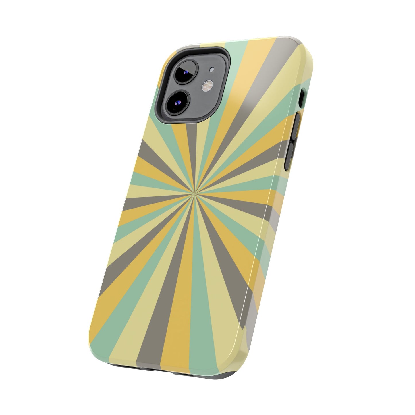 Vintage Sunburst Rays iPhone Case – Bold 70s-Inspired Burst in Yellow, Mint, and Gray