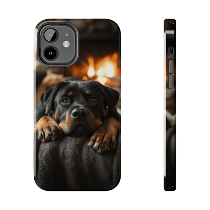 Cozy Rottweiler by the Fireplace iPhone Case – Warm Rustic Design