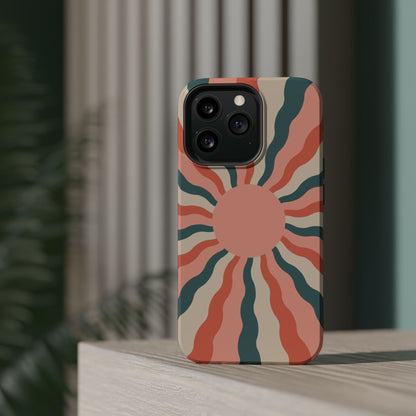 Retro Sunburst MagSafe iPhone Case – Bold 70s-Inspired Waves in Coral, Teal, and Cream