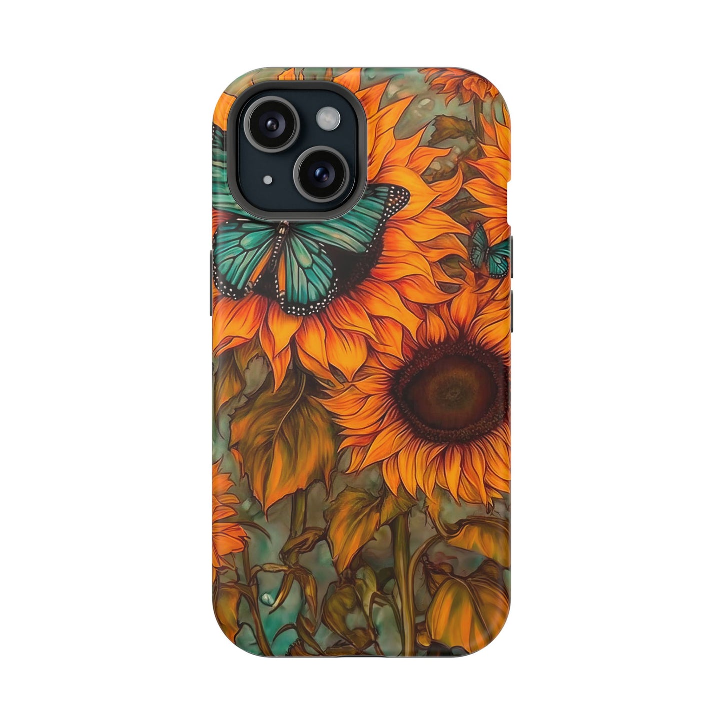 Vintage Blue Butterfly & Sunflower Art – MagSafe iPhone Case