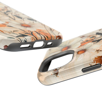 Pastel Orange Floral MagSafe iPhone Case - Elegant Plaid Protective Cover