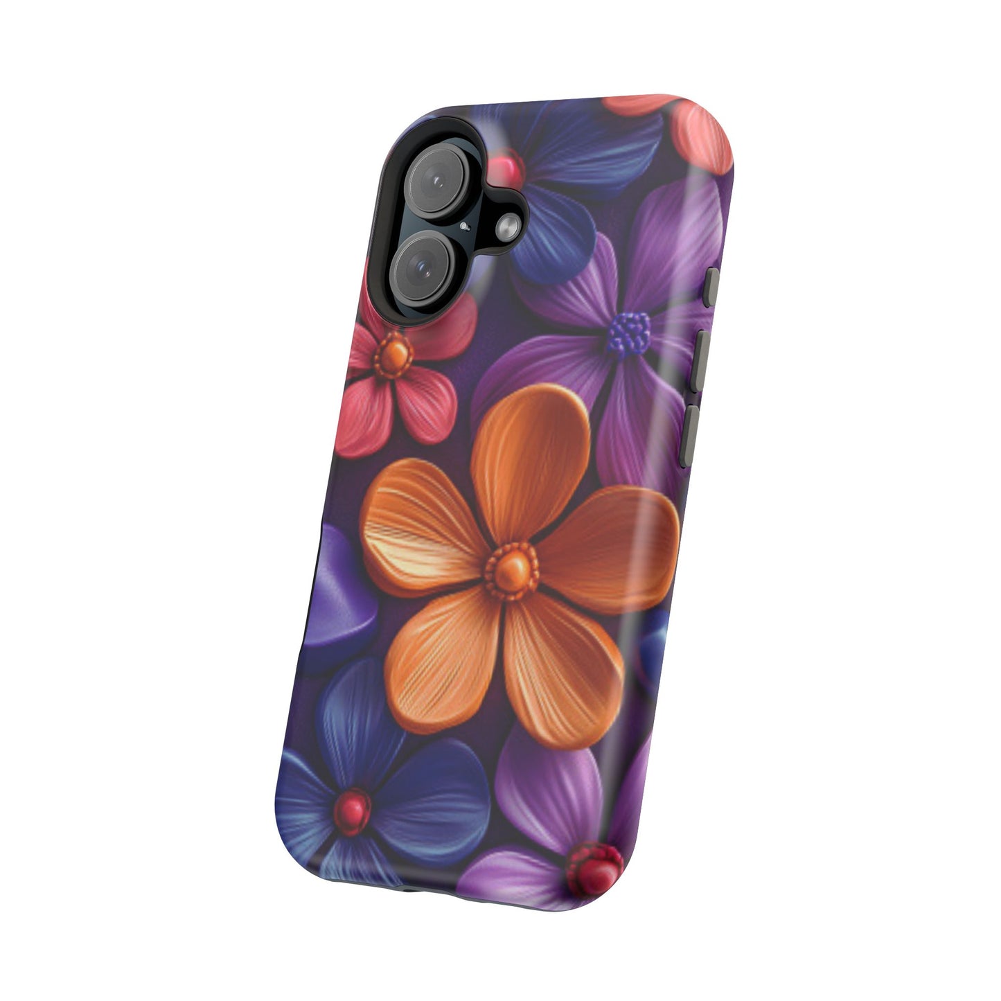 Bold Floral 3D MagSafe iPhone Case – Vivid Purple and Orange Flower Design, Shock-Resistant