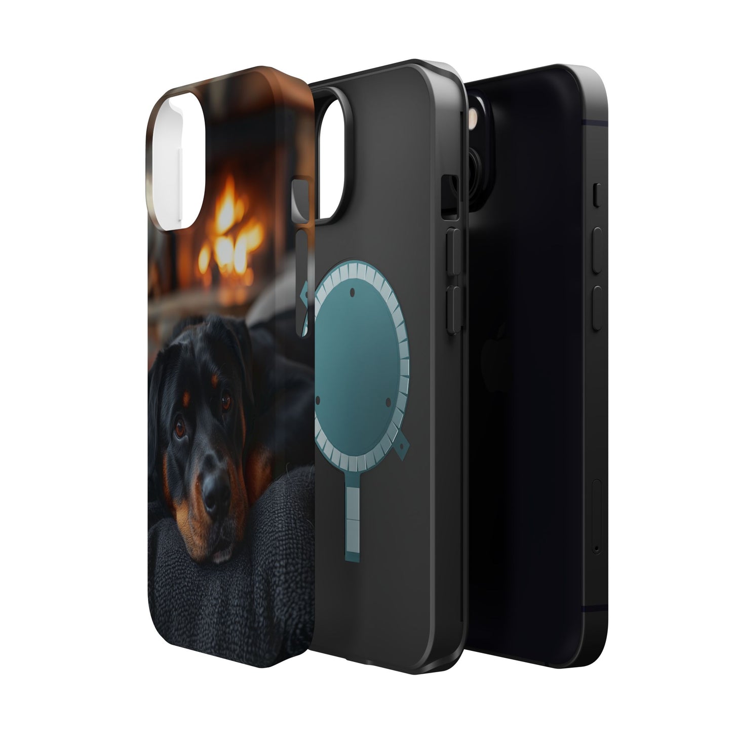 Charming Rottweiler by the Fireplace MagSafe iPhone Case – Cozy & Functional Design