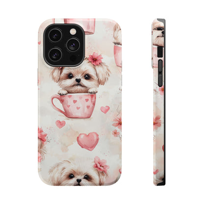 Floral Puppy in Teacup MagSafe iPhone Case – Cute Pink Flower Design, Tough Dual-Layer Protection