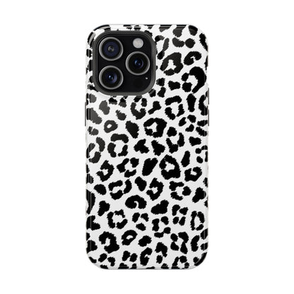 Monochrome Leopard Print Tough MagSafe iPhone Case – Classic Black and White Design with Dual-Layer Protection