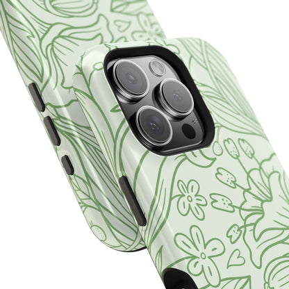 Sage Green Floral Line Art Tough MagSafe iPhone Case – Minimalist Botanical Design with Dual-Layer Protection