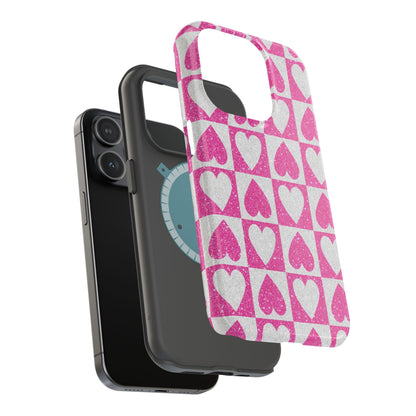 Pink Glitter Heart Checkered Pattern MagSafe Case