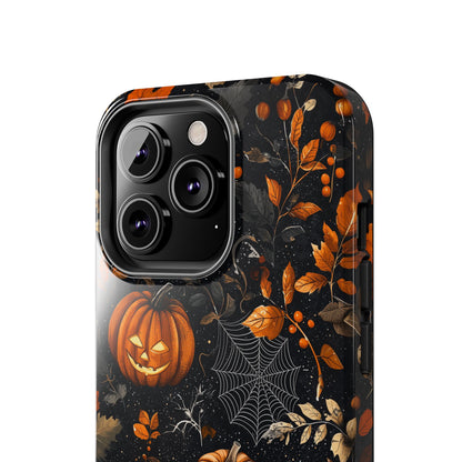 Elegant Halloween iPhone Case – Pumpkin Jack-o'-Lanterns, Cobwebs & Autumn Foliage Design