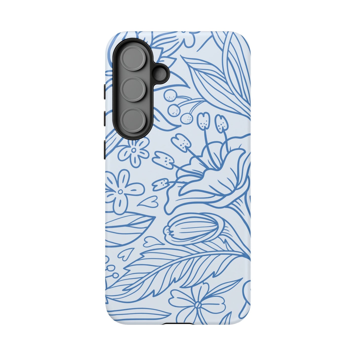 Dusty Blue Floral Line Art Tough Samsung Galaxy Case – Minimalist Botanical Design with Dual-Layer Protection