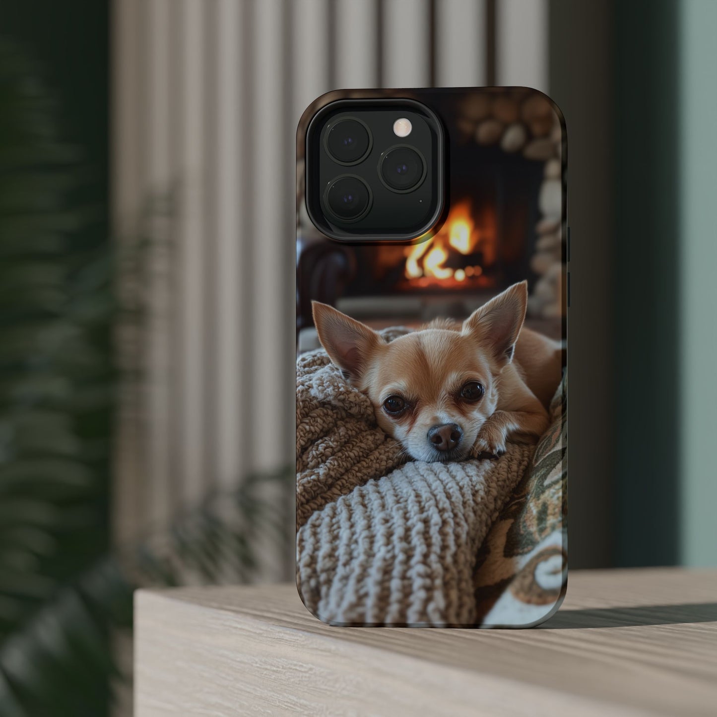 Relaxing Chihuahua by Fireplace MagSafe iPhone Case – Functional and Cozy Design