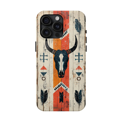 Rustic Western Bull Skull Tough iPhone Case – Distressed Wood Design, Dual - Layer Protection - BOGO Cases