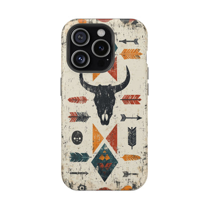 Tribal Bull Skull & Arrows Tough MagSafe iPhone Case – Rustic Western Design, Dual-Layer Protection