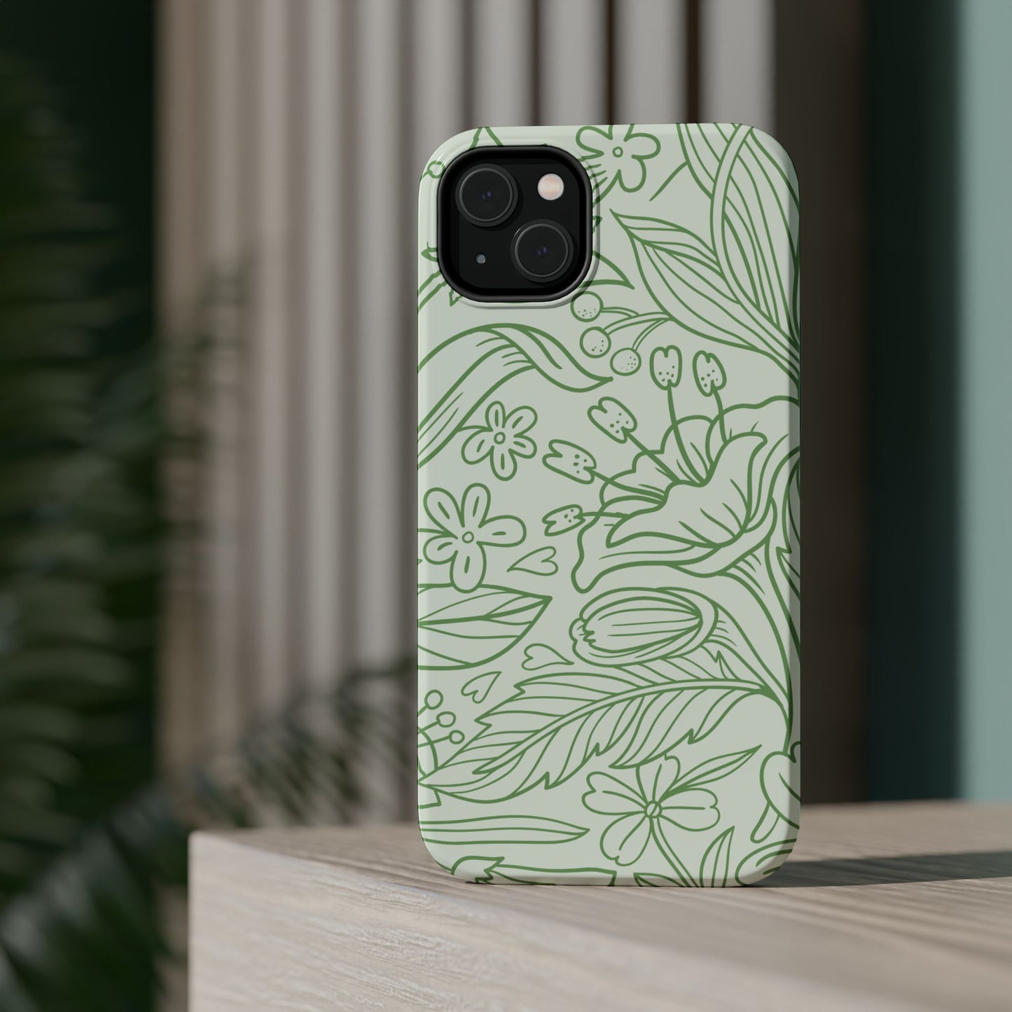 Sage Green Floral Line Art Tough MagSafe iPhone Case – Minimalist Botanical Design with Dual-Layer Protection