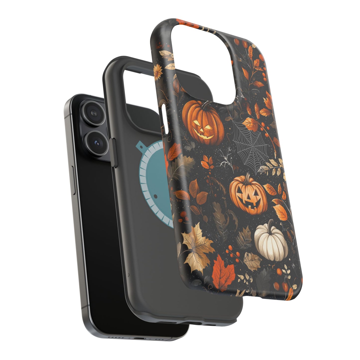 Elegant Halloween MagSafe iPhone Case – Pumpkin Jack-o'-Lanterns, Cobwebs & Autumn Foliage Design