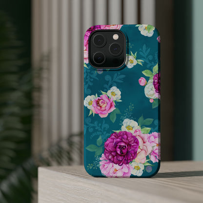 Elegant Peony Bouquet MagSafe iPhone Case – Deep Teal Background with Romantic Floral Design