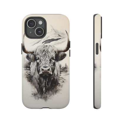 Western iPhone Samsung Phone Cases, Highland Cow In Serene Mountain Scene, Durable Protective Case Like No Other, Built Farmhouse Tough!