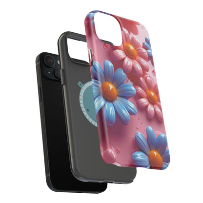 Pastel Daisy 3D MagSafe iPhone Case – Glossy Pink and Blue Floral Design, Full Protection