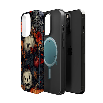 Hauntingly Elegant Halloween MagSafe iPhone Case – Pumpkins, Spiders, and Autumn Leaves Design