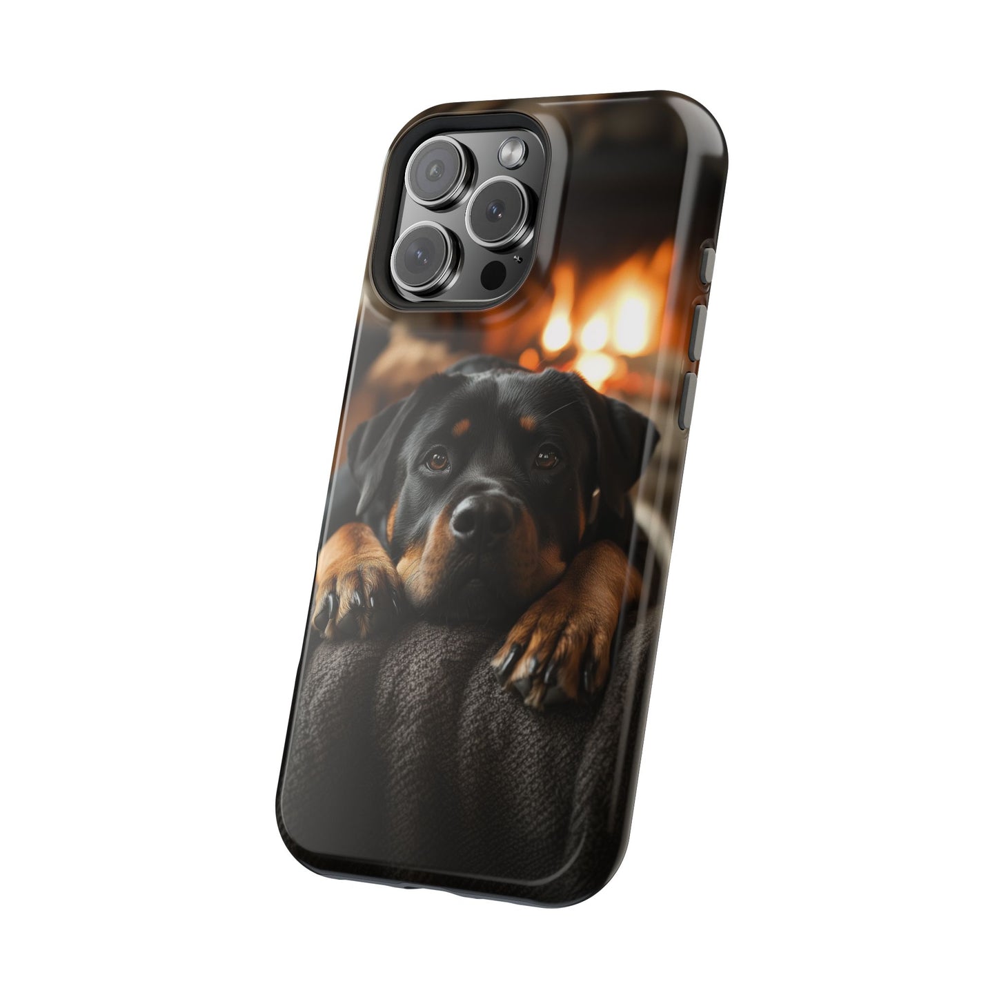 Cozy Rottweiler by the Fireplace MagSafe iPhone Case – Warm Rustic Design