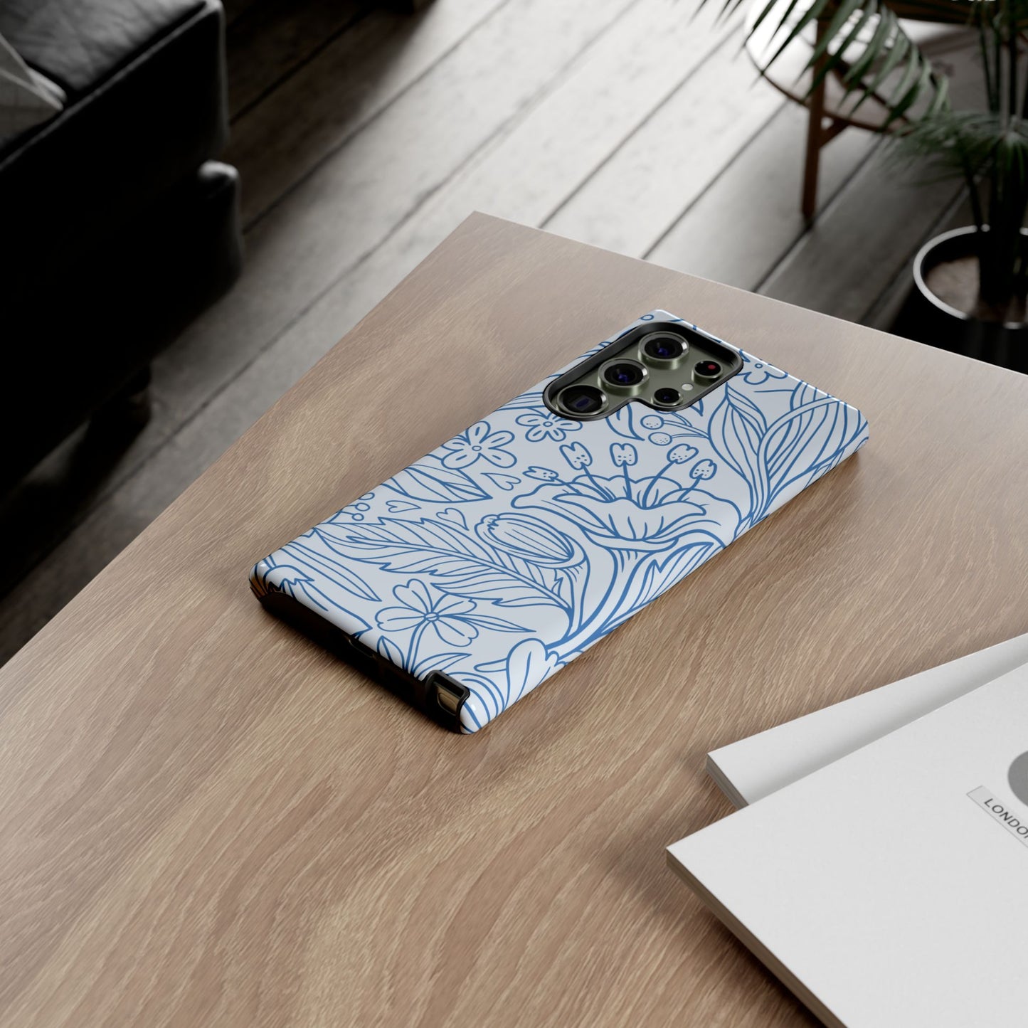 Dusty Blue Floral Line Art Tough Samsung Galaxy Case – Minimalist Botanical Design with Dual-Layer Protection