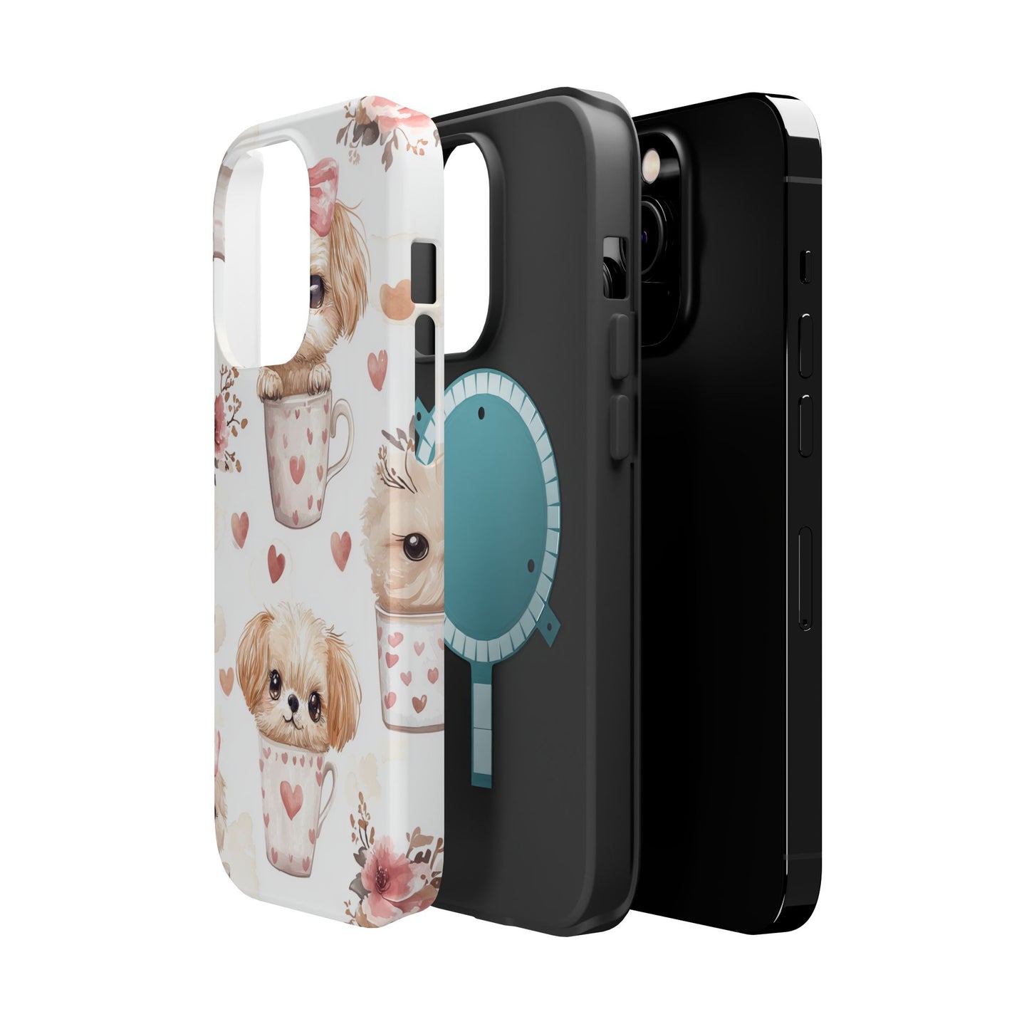 Cute Puppies in Heart MagSafe iPhone Case – Adorable Dog & Floral Design, Shockproof & Slim