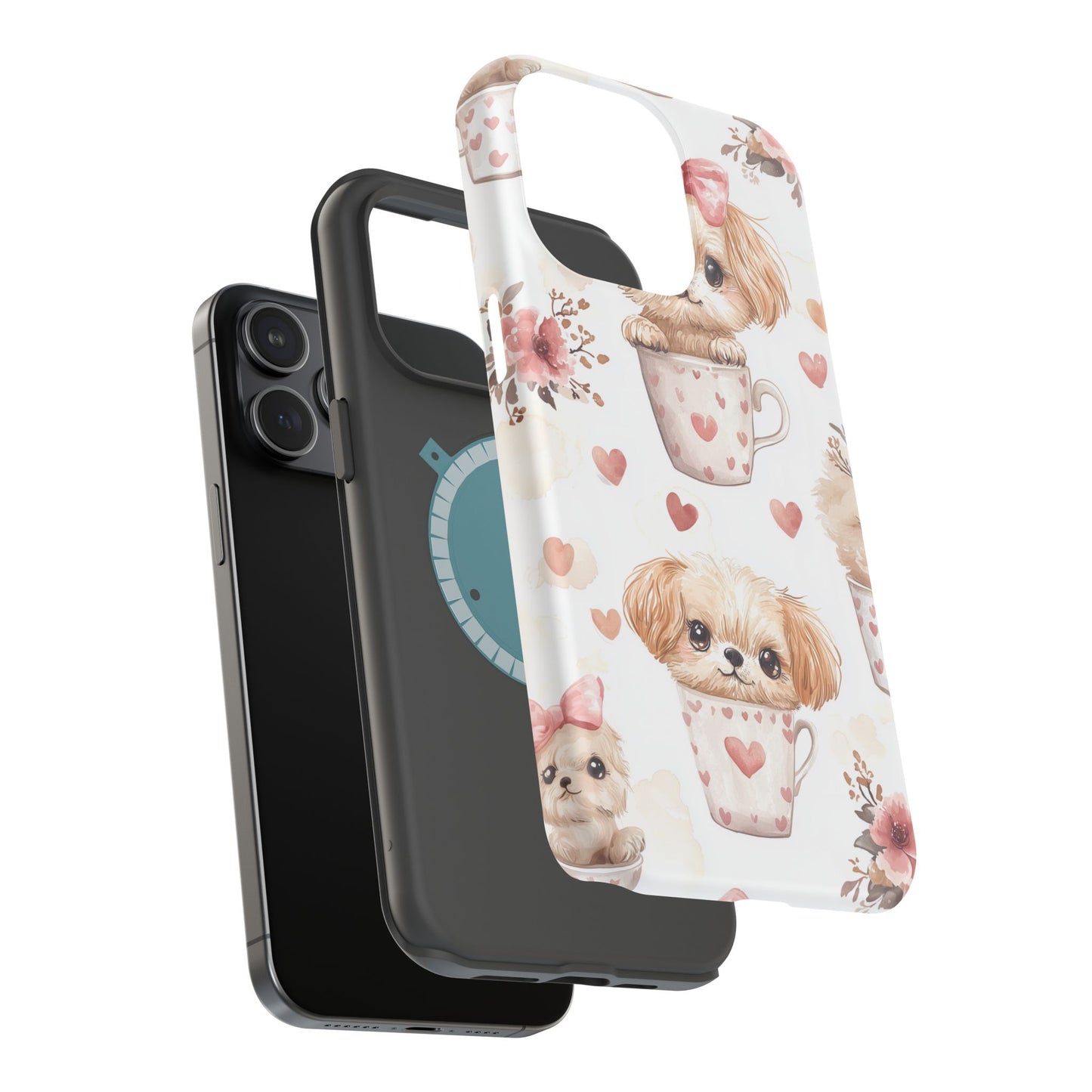 Cute Puppies in Heart MagSafe iPhone Case – Adorable Dog & Floral Design, Shockproof & Slim