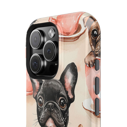 French Bulldogs in Coffee Cup MagSafe iPhone Case – Cute Dog Art, Shockproof & Slim Design