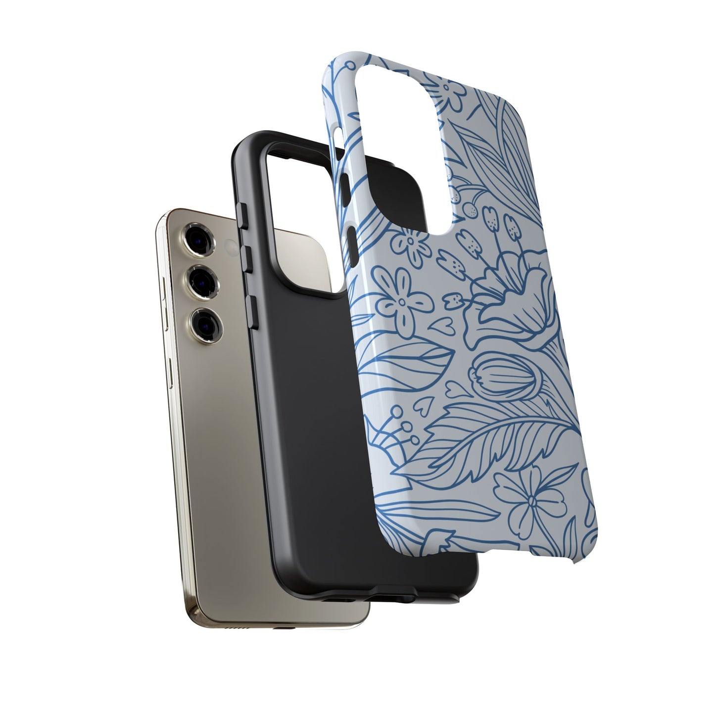 Dusty Blue Floral Line Art Tough Samsung Galaxy Case – Minimalist Botanical Design with Dual-Layer Protection