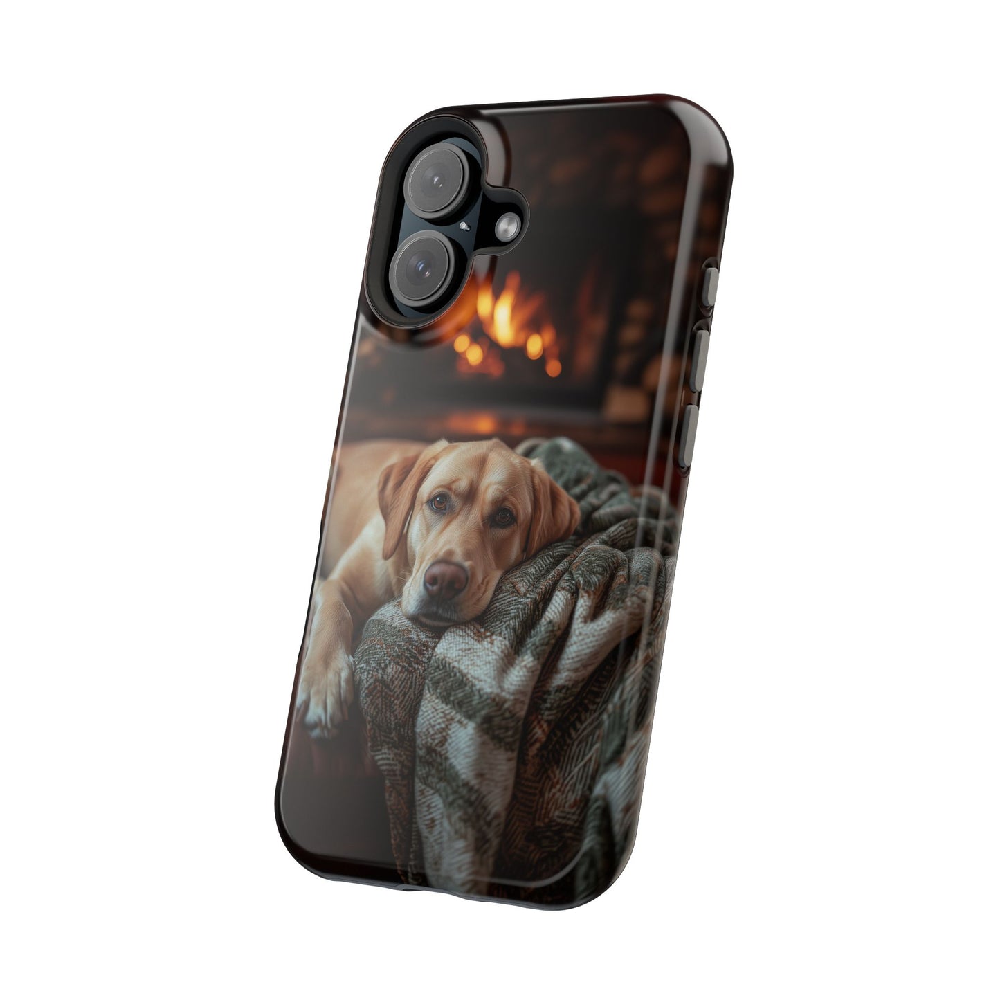 Cozy Labrador by Fireplace MagSafe iPhone Case – Rustic Cabin Protective Cover