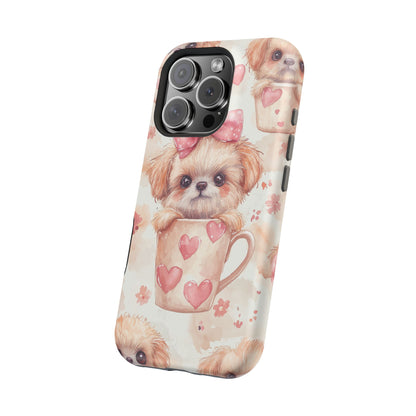 Adorable Puppy in Teacup MagSafe iPhone Case – Tough, Dual-Layer Protection with Cute Pink Bow Design