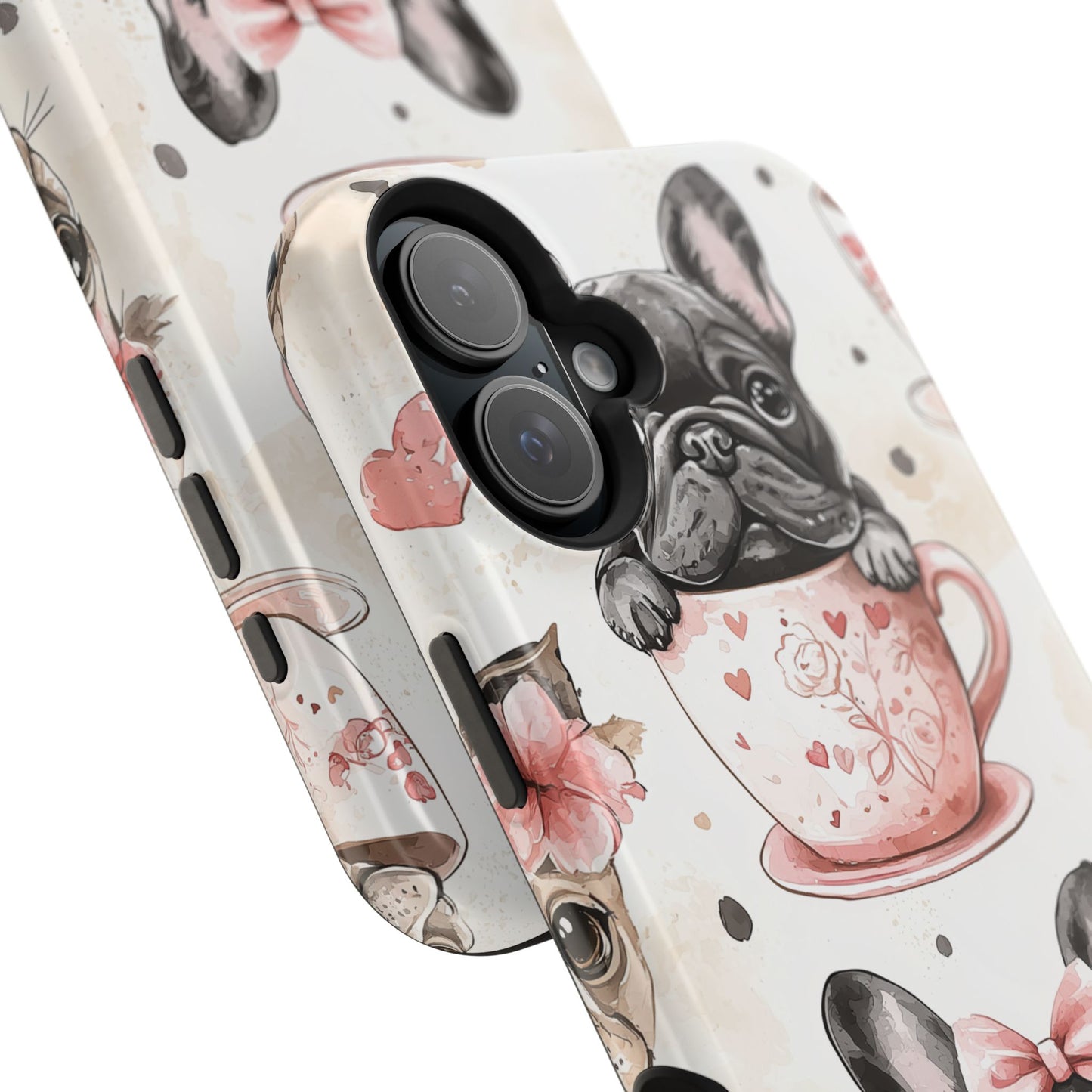 French Bulldogs in Teacups MagSafe iPhone Case – Cute Dog Design with Hearts & Bows, Shockproof & Slim