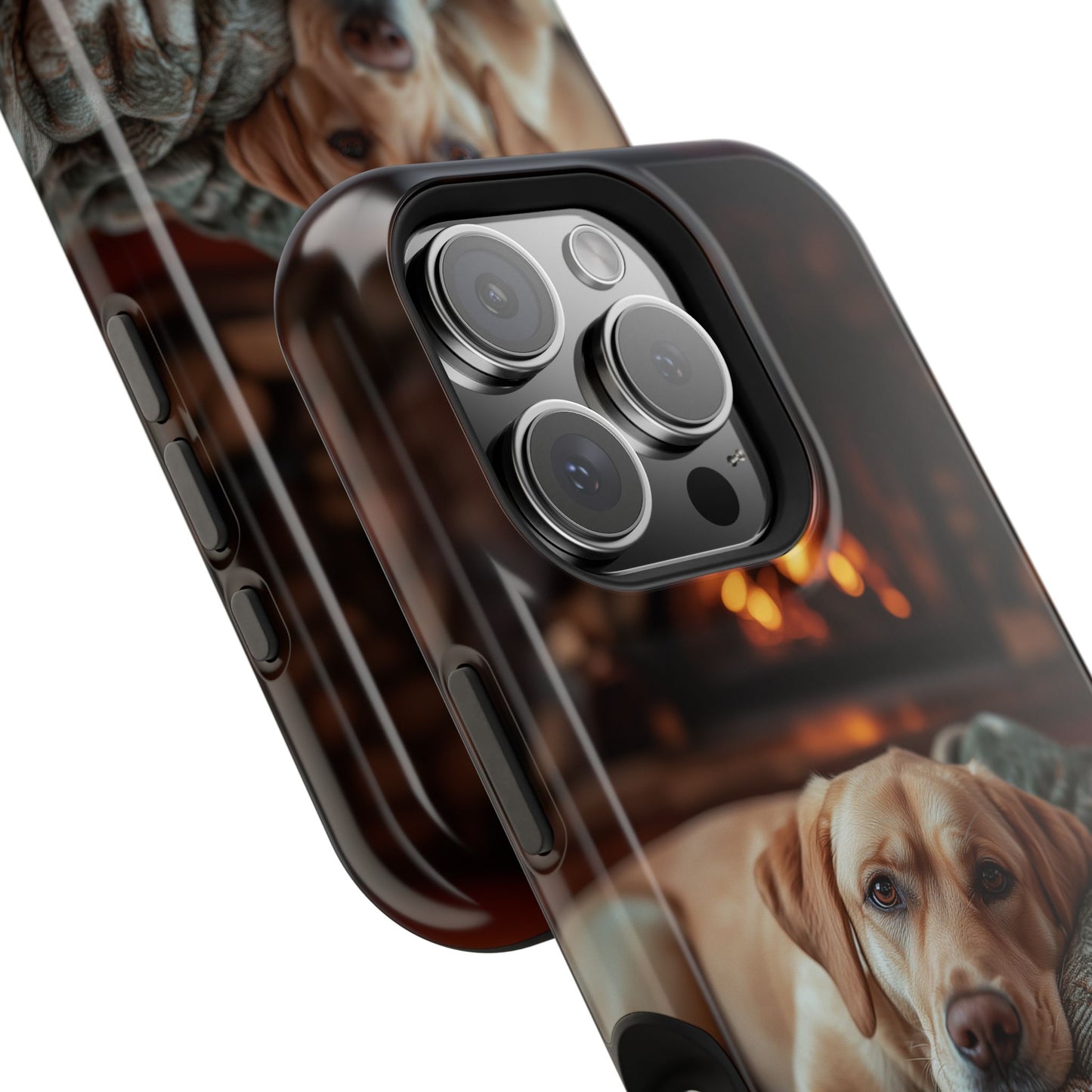 Cozy Labrador by Fireplace MagSafe iPhone Case – Rustic Cabin Protective Cover