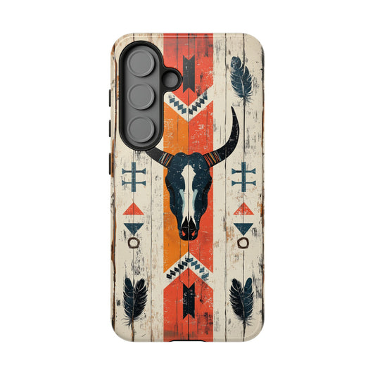 Rustic Western Bull Skull Tough Samsung Galaxy Case – Distressed Wood Design, Dual-Layer Protection