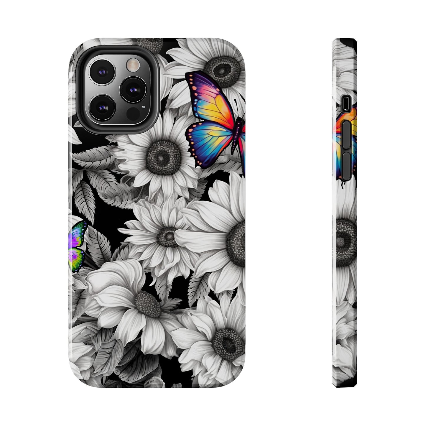 Rainbow Butterflies & Monochrome Sunflowers – iPhone Case