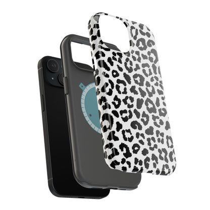 Monochrome Leopard Print Tough MagSafe iPhone Case – Classic Black and White Design with Dual-Layer Protection