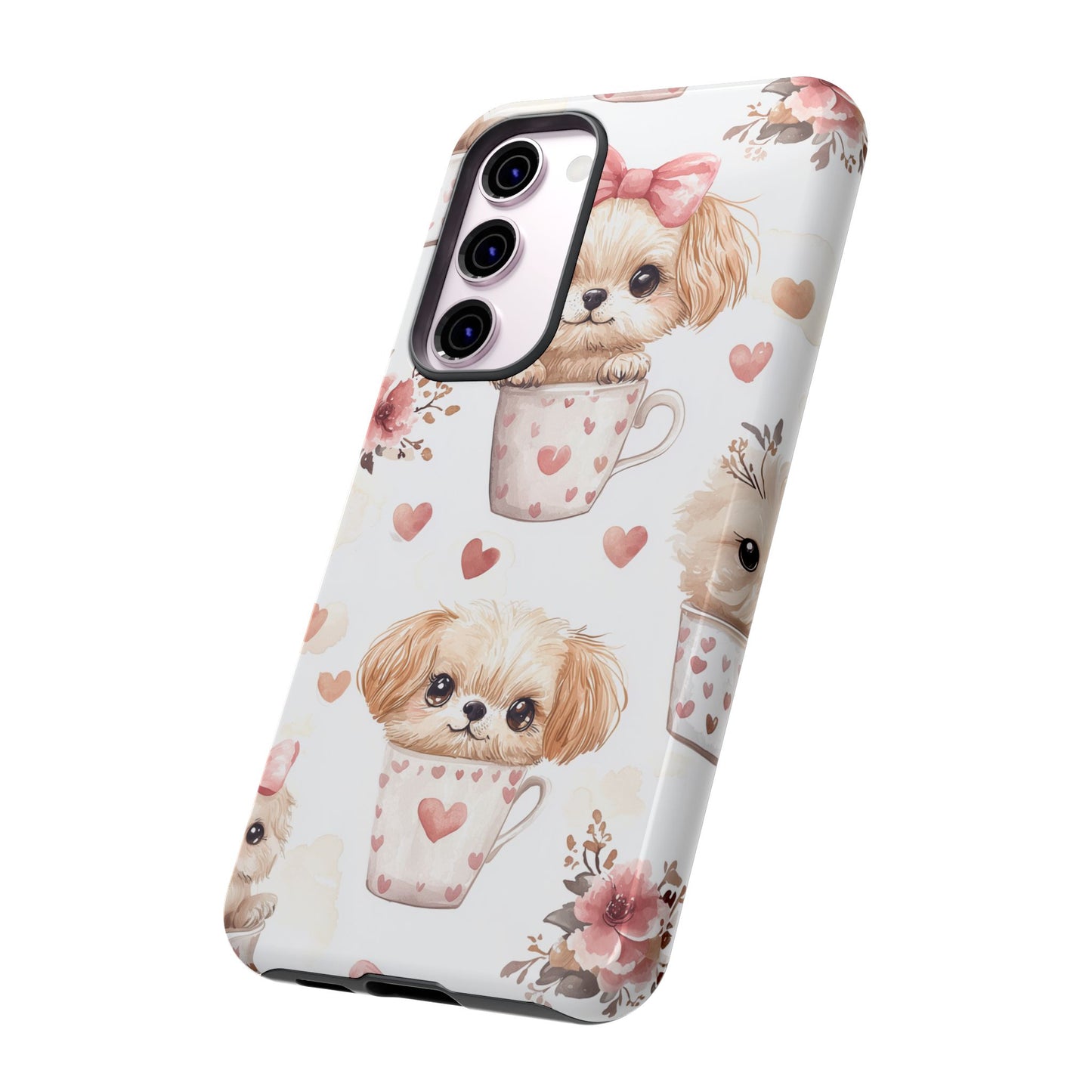 Cute Puppies in Heart Mugs Samsung Galaxy Case – Adorable Dog & Floral Design, Shockproof & Slim - BOGO Cases