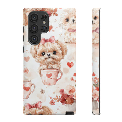 Puppies & Heart Mugs Samsung Galaxy Case – Sweet Dog & Floral Design, Shockproof & Slim