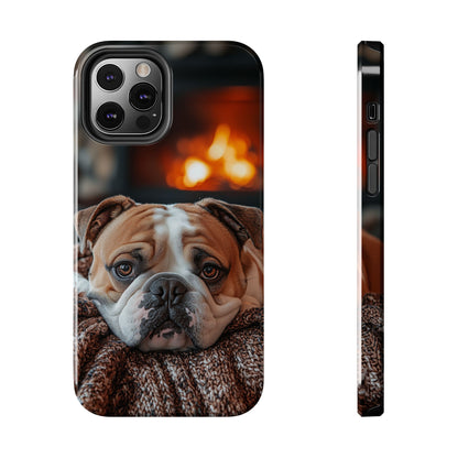 Cozy Bulldog iPhone Case – Fireside-Inspired Protective Cover Description: