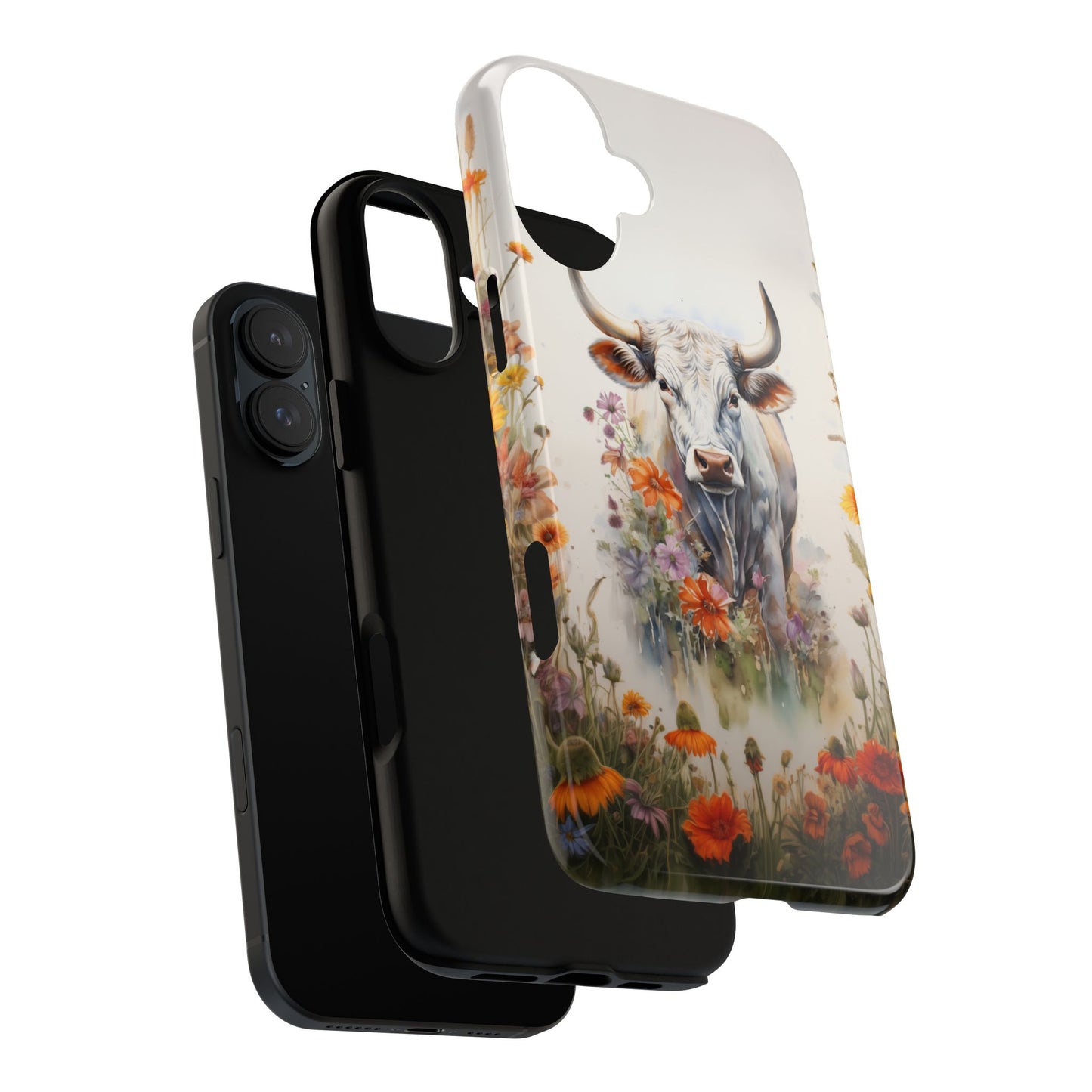 Floral Cow Phone Case - Rustic Western Watercolor Bull. For iPhone, Samsung Galaxy, and Google Pixel Phones. Cute Gift For Any Cow Lover. - BOGO Cases