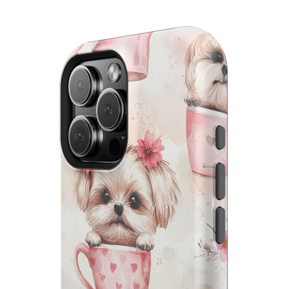 Floral Puppy in Teacup MagSafe iPhone Case – Cute Pink Flower Design, Tough Dual-Layer Protection