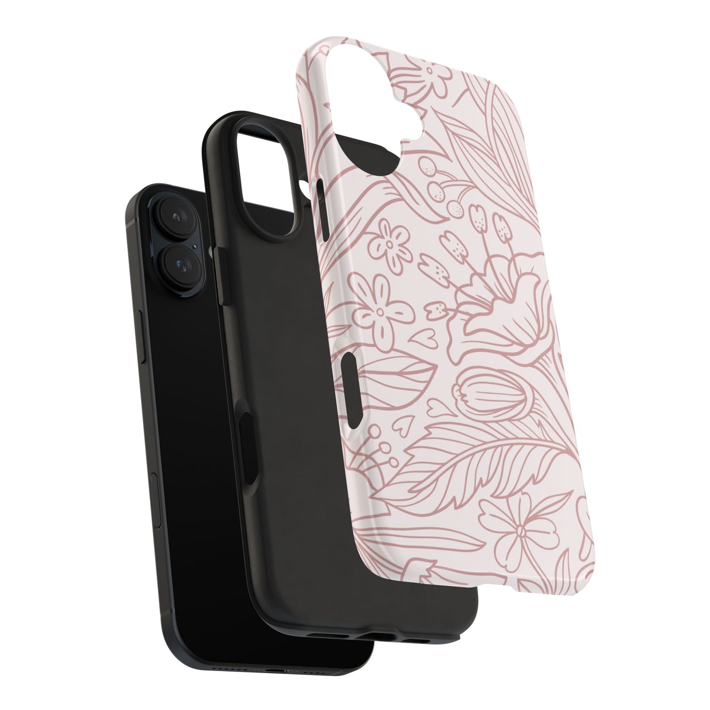 Blush Floral Line Art Tough iPhone Case – Delicate Minimalist Design with Dual-Layer Protection