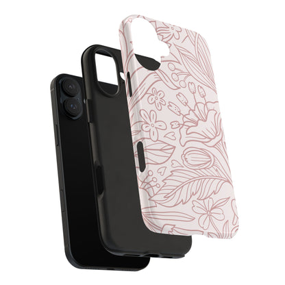 Blush Floral Line Art Tough iPhone Case – Delicate Minimalist Design with Dual-Layer Protection