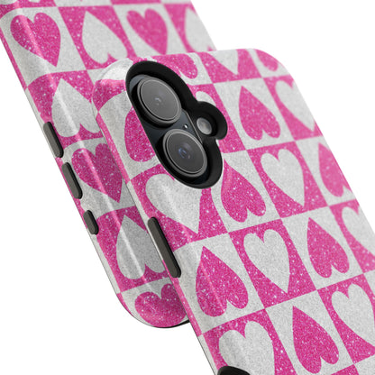 Pink Glitter Heart Checkered Pattern MagSafe Case