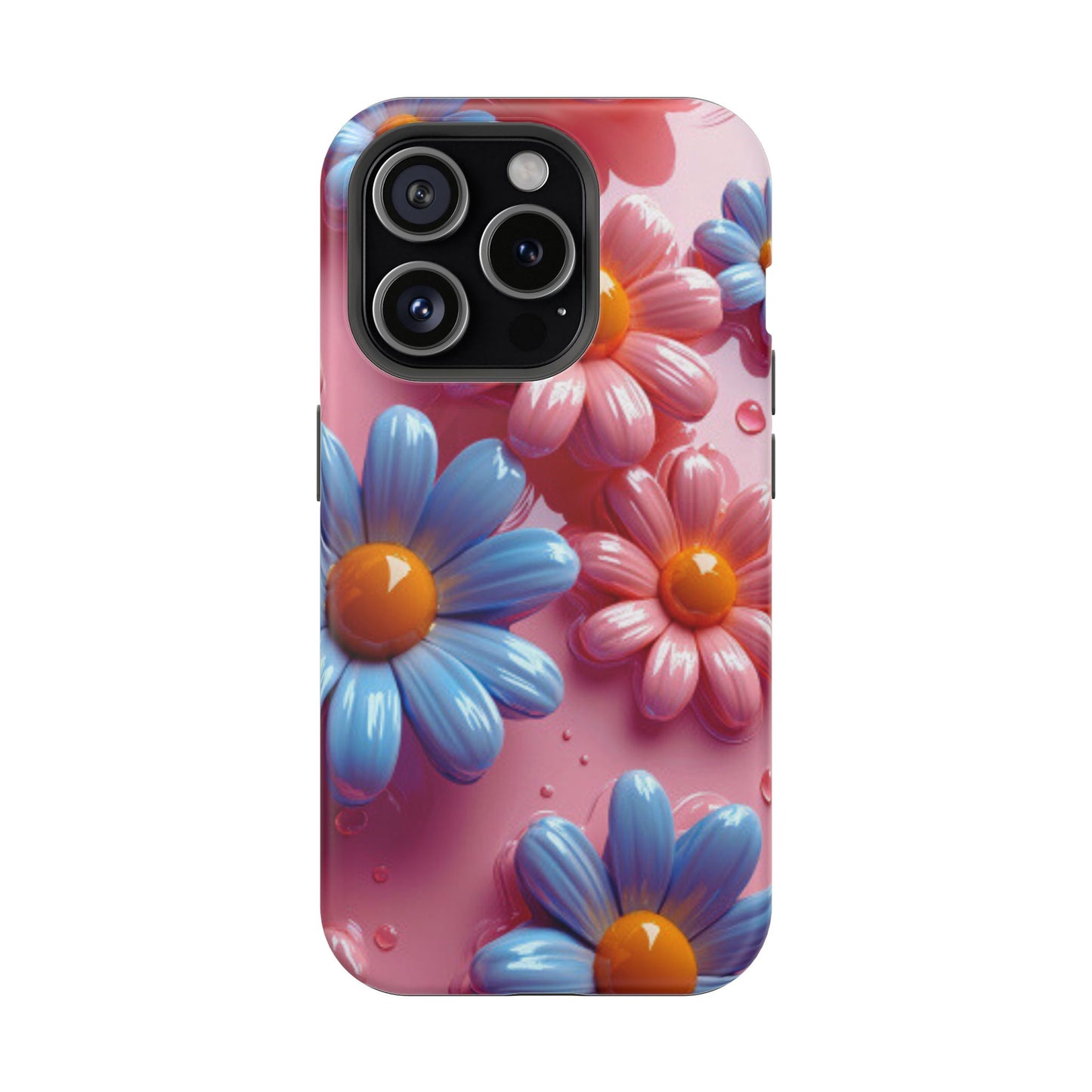 Pastel Daisy 3D MagSafe iPhone Case – Glossy Pink and Blue Floral Design, Full Protection