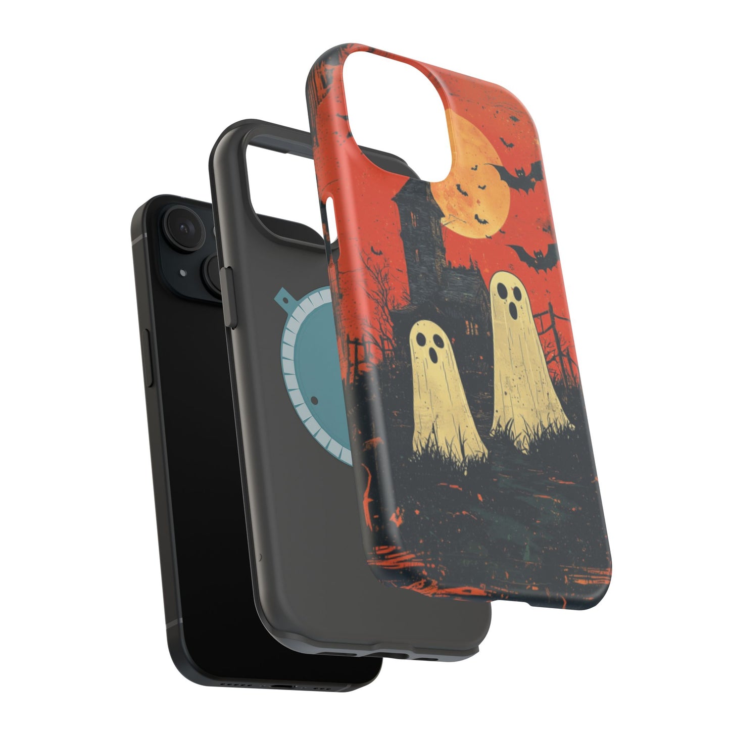 Haunted House & Ghosts MagSafe iPhone Case – Spooky Halloween Full Moon Design