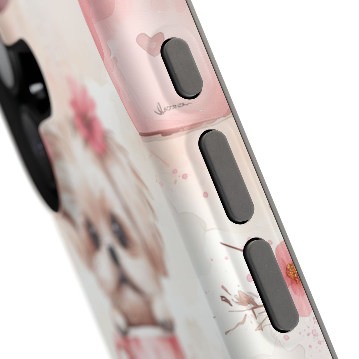 Floral Puppy in Teacup MagSafe iPhone Case – Cute Pink Flower Design, Tough Dual-Layer Protection