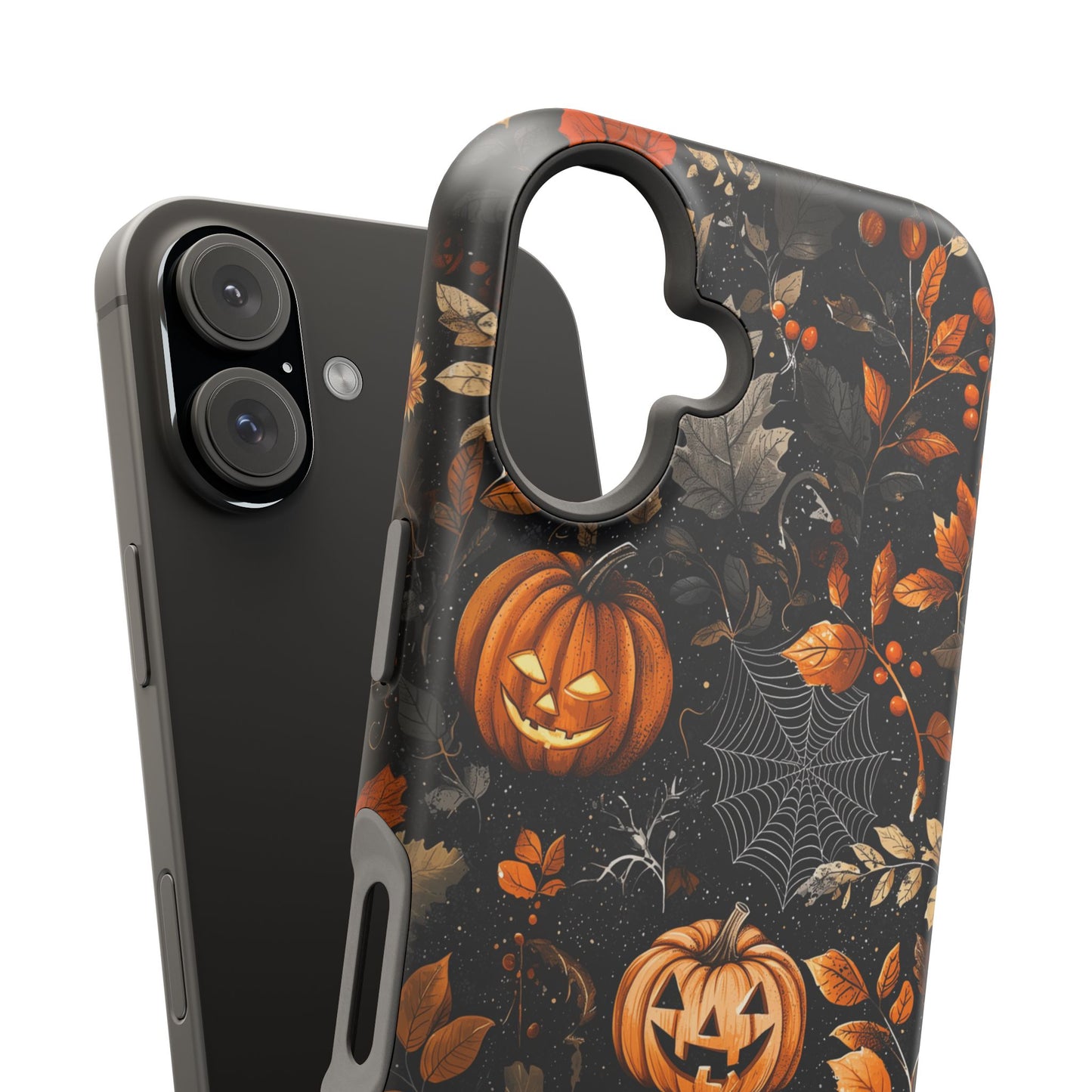 Elegant Halloween MagSafe iPhone Case – Pumpkin Jack-o'-Lanterns, Cobwebs & Autumn Foliage Design